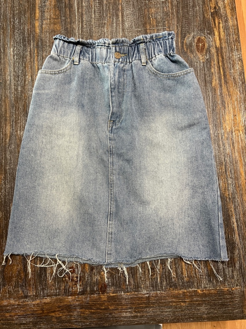 Paperbag Waist Washed Denim Midi Skirt in Light Blue